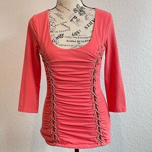 Boston Proper Top XS‎ Coral 3/4 sleeve ruched Front Tie Style Contemporary Chic